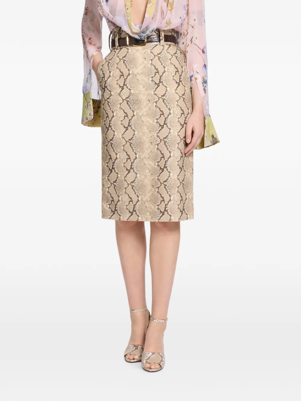 Elie Saab Midi-rok met pythonprint en riemlussen Beige