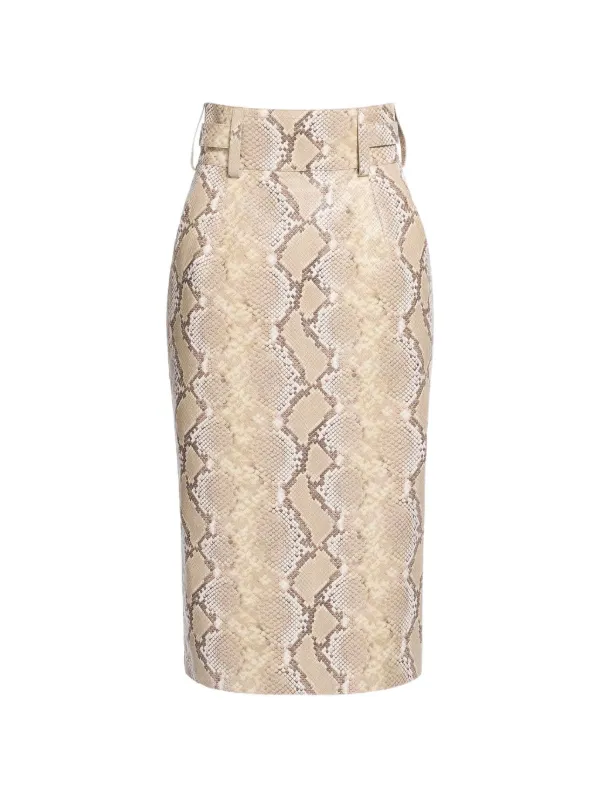 Elie Saab Python-print Belt-loops Midi Skirt in Neutrals