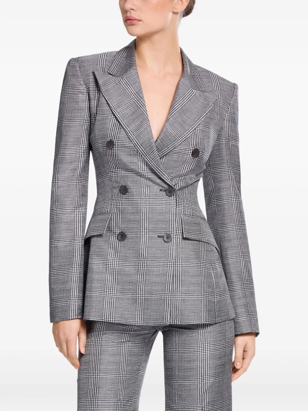 Elie Saab Prince of Wales Check Double-breasted Blazer in Grey, view 3
