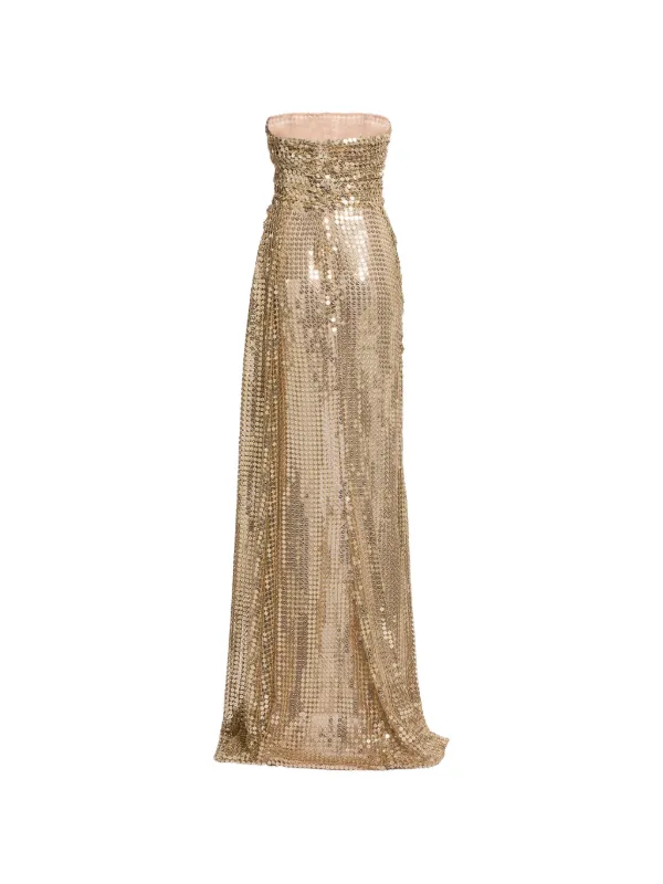 gold sequin embellished maxi dress Elie Saab sequin-embellished | sequin maxi dress with sleeves