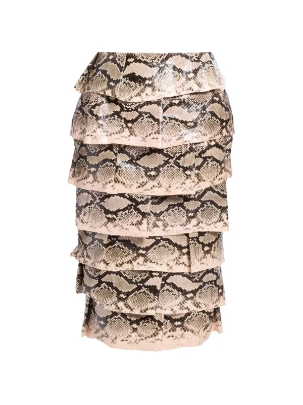 Elie Saab Python-effect Tiered Midi Skirt in Neutrals