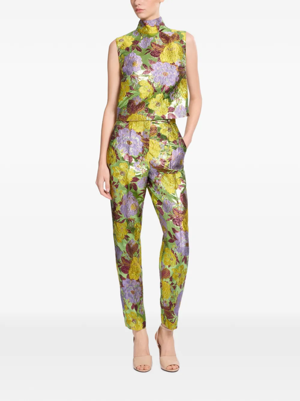 Elie Saab Top met hoge hals en bloem-brokaat Groen