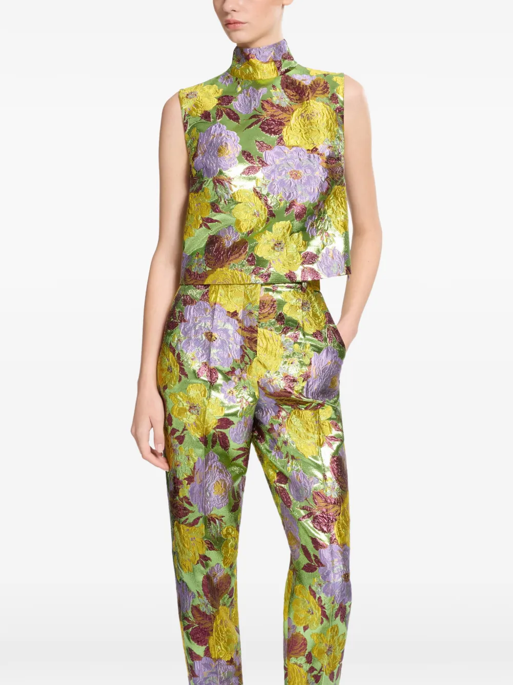 Elie Saab Top met hoge hals en bloem-brokaat Groen
