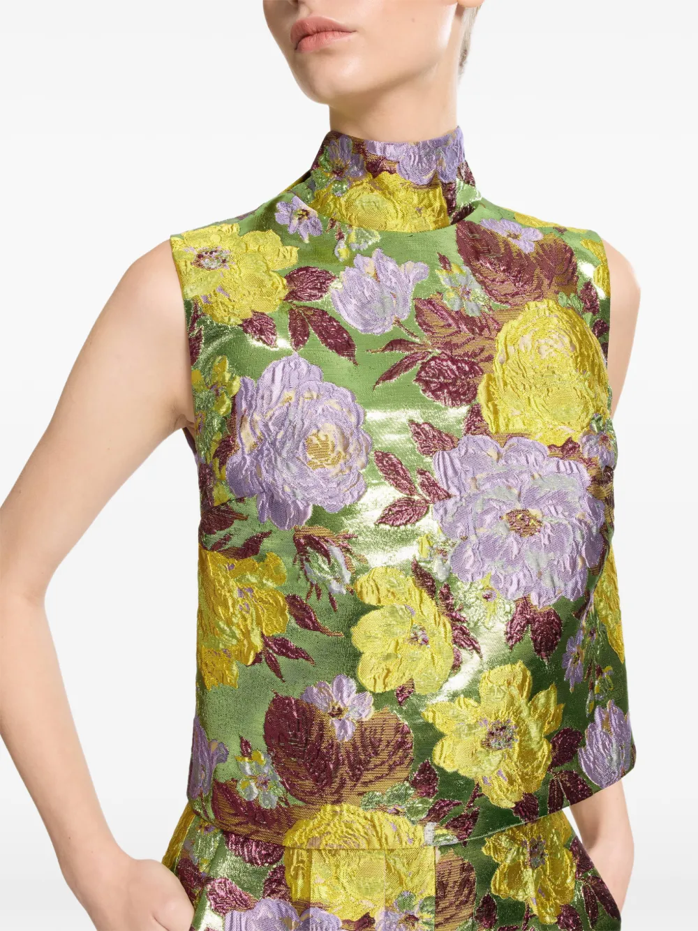 Elie Saab Top met hoge hals en bloem-brokaat Groen