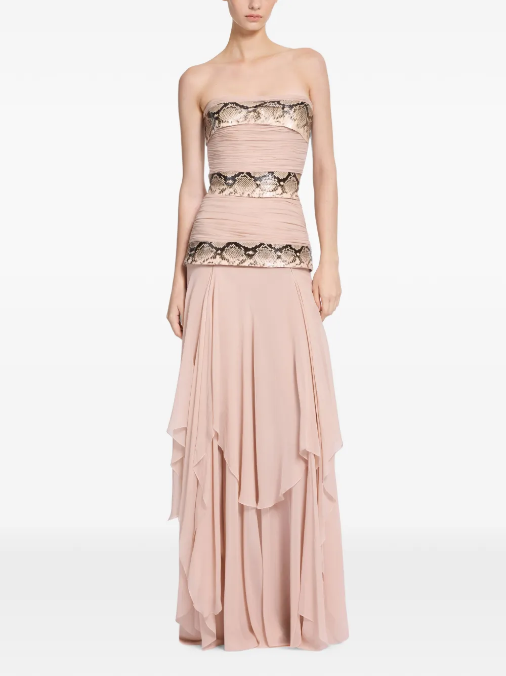 Elie Saab Viper maxi-jurk met slangen-effect en ruches Beige