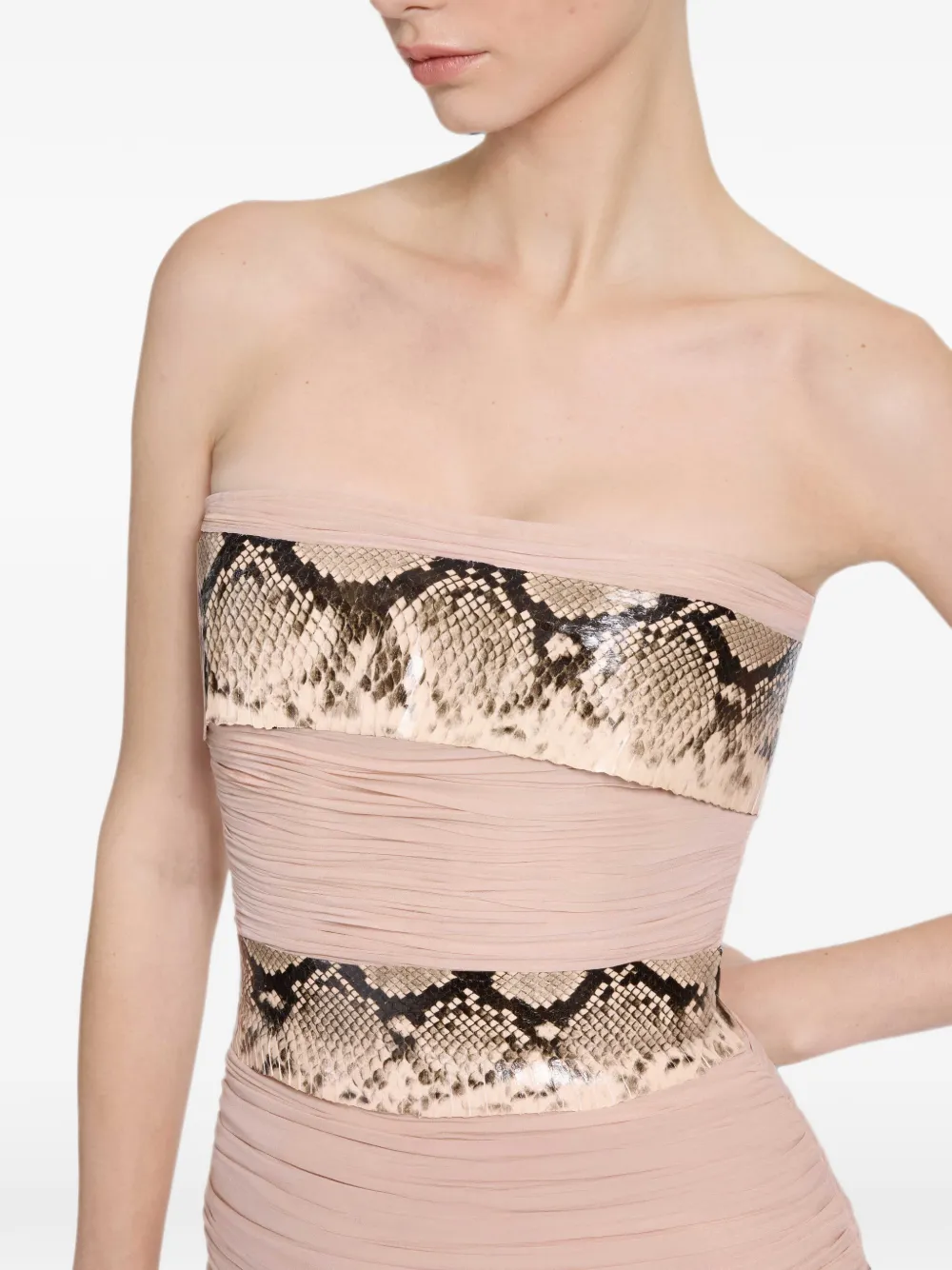 Elie Saab Viper maxi-jurk met slangen-effect en ruches Beige