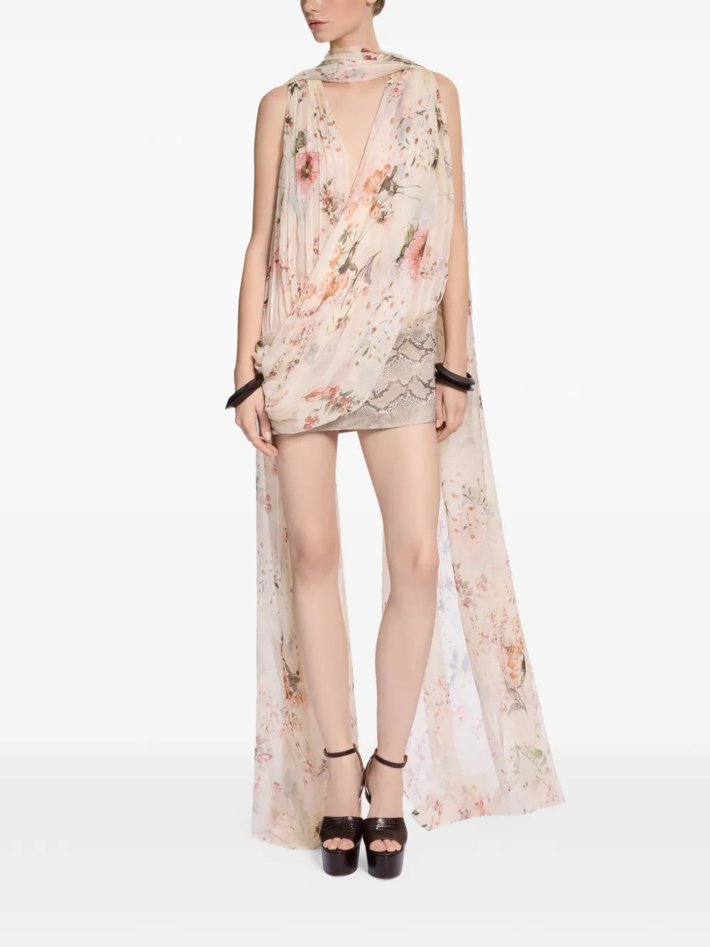 Elie Saab Zijden mini-jurk met bloemenprint Beige