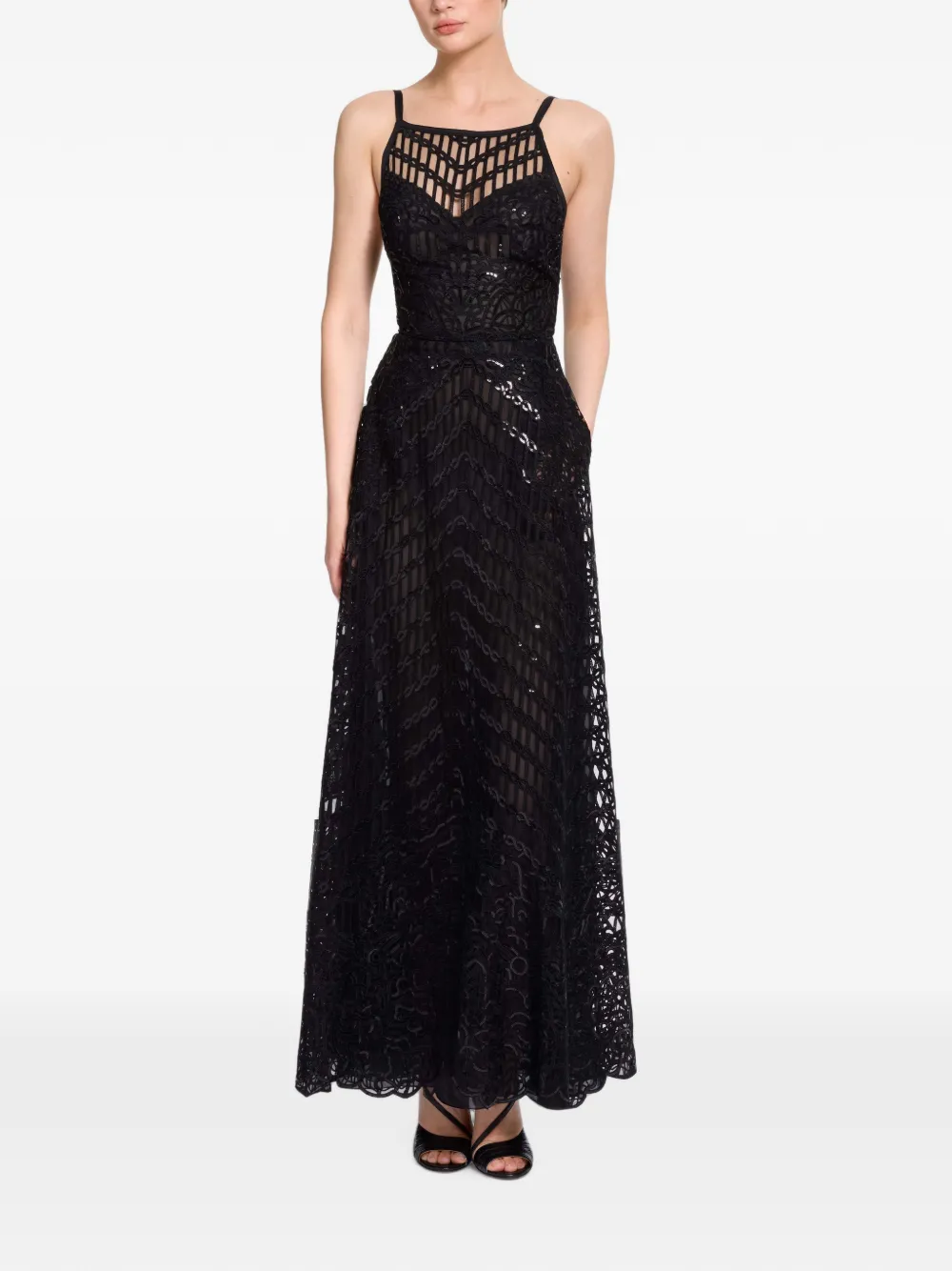 Elie Saab Maxi-jurk met pailletten en kanten laag Zwart