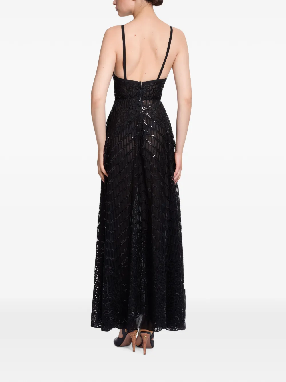 Elie Saab Maxi-jurk met pailletten en kanten laag Zwart
