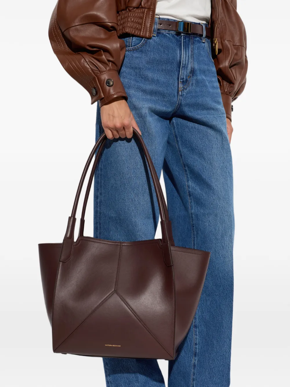 Victoria Beckham Vitoria leren shopper met logo-print Bruin
