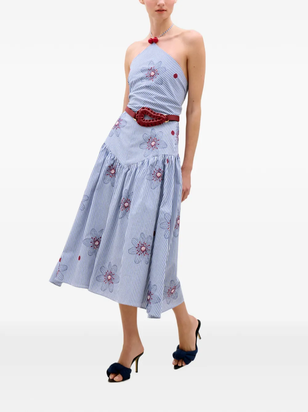 Silvia Tcherassi Ares gestreepte midi-jurk met geborduurde bloemen Blauw