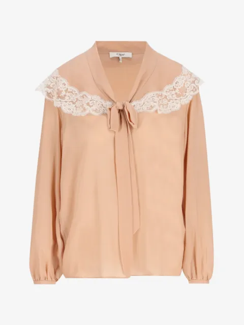 Chloé Blusa com acabamento de renda e amarração na gola