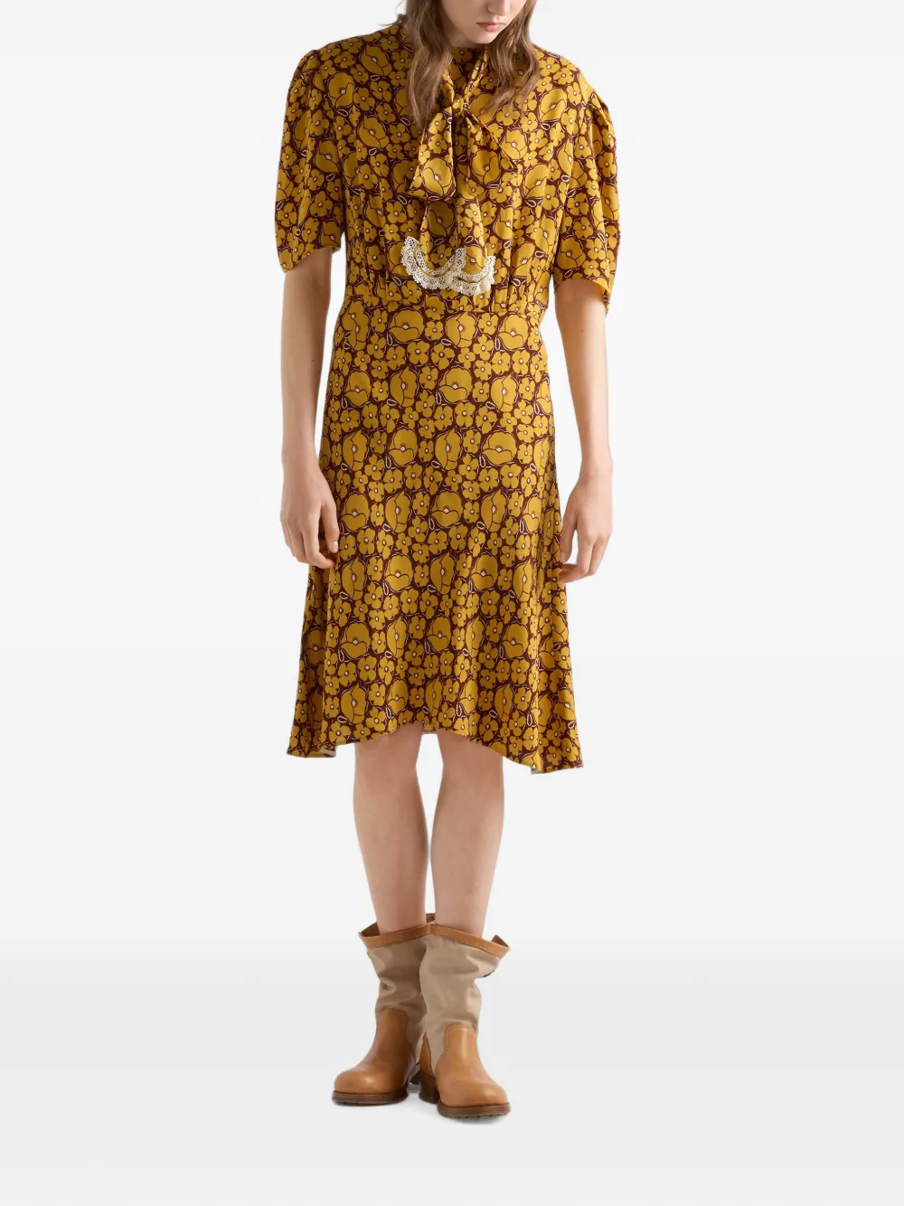 Prada embroidered floral print sablé dress - Giallo