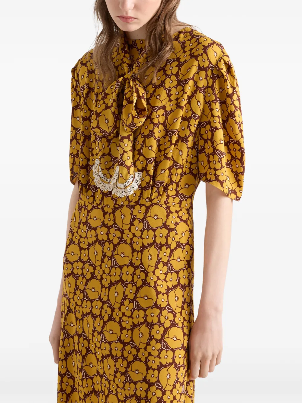Prada Sablé jurk met geborduurde bloemenprint Geel