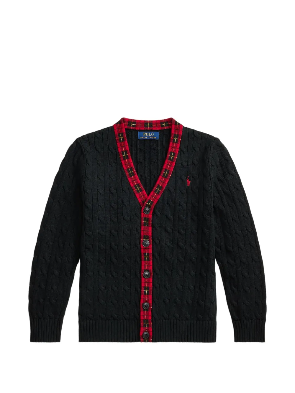 POLO RALPH LAUREN KIDS Kabelgebreid katoenen vest met geruite afwerking Zwart