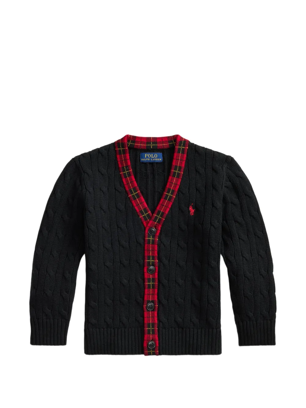 POLO RALPH LAUREN KIDS Cardigan in cotone a trecce con bordo a quadri - Nero