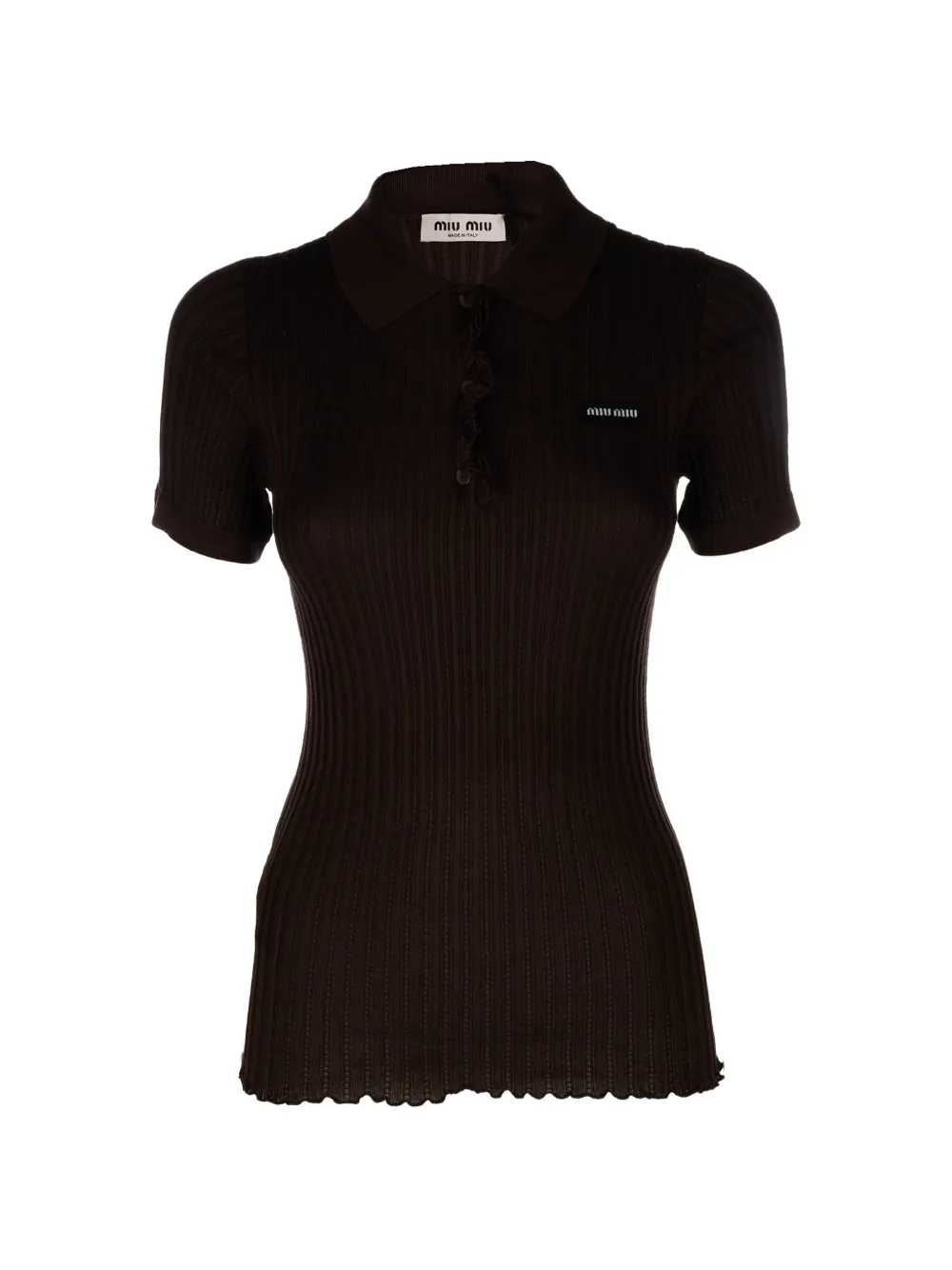 Miu Miu ruffled ribbed-knit polo shirt - Braun