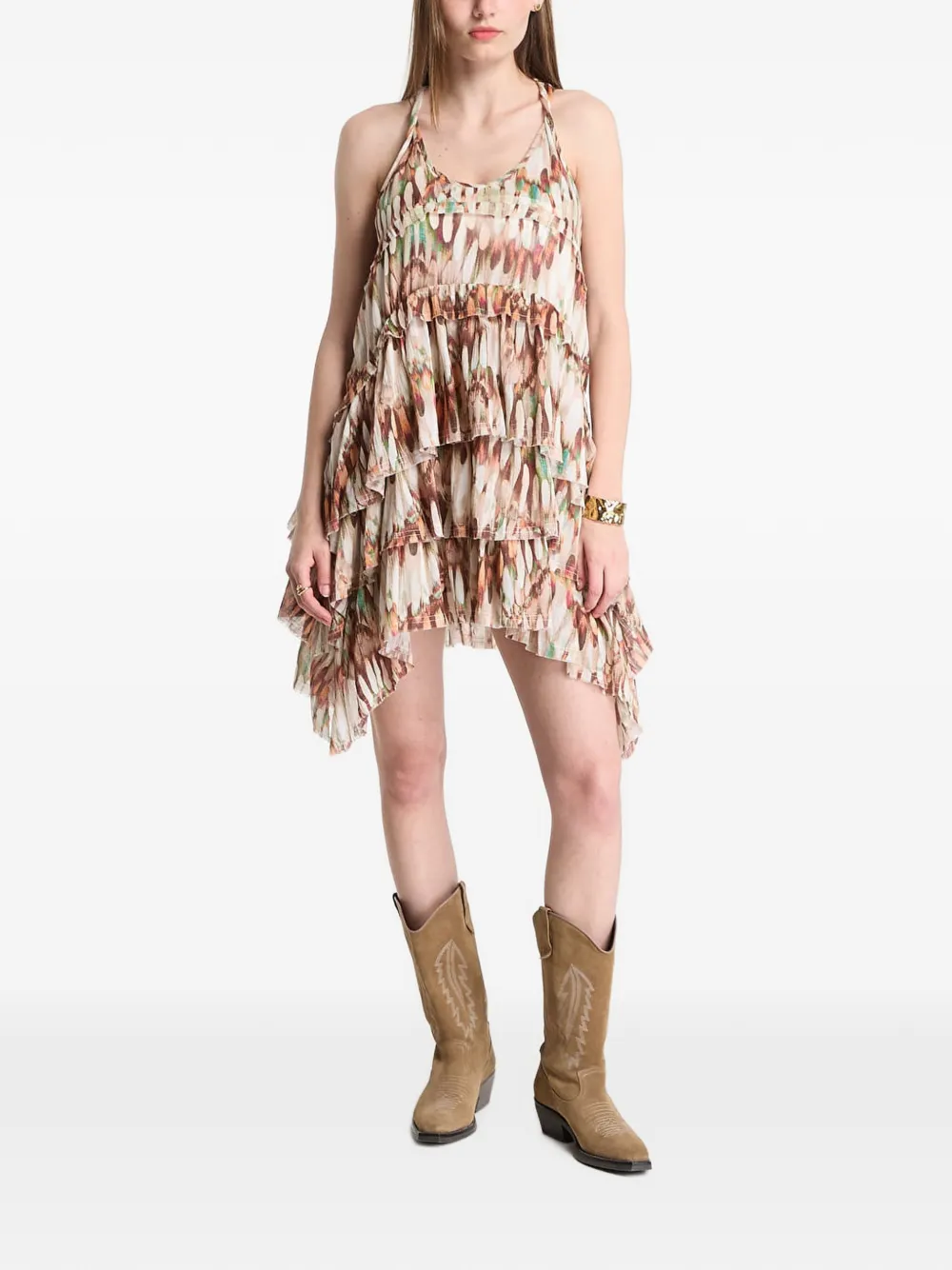 AllSaints Cavalry mini-jurk met ruches en veren-print Beige
