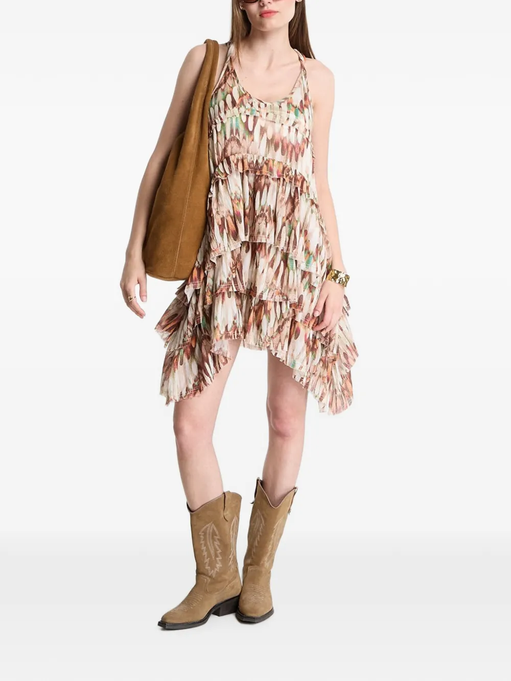 AllSaints Gerüschtes Cavalry Minikleid mit Feder-Print - Nude