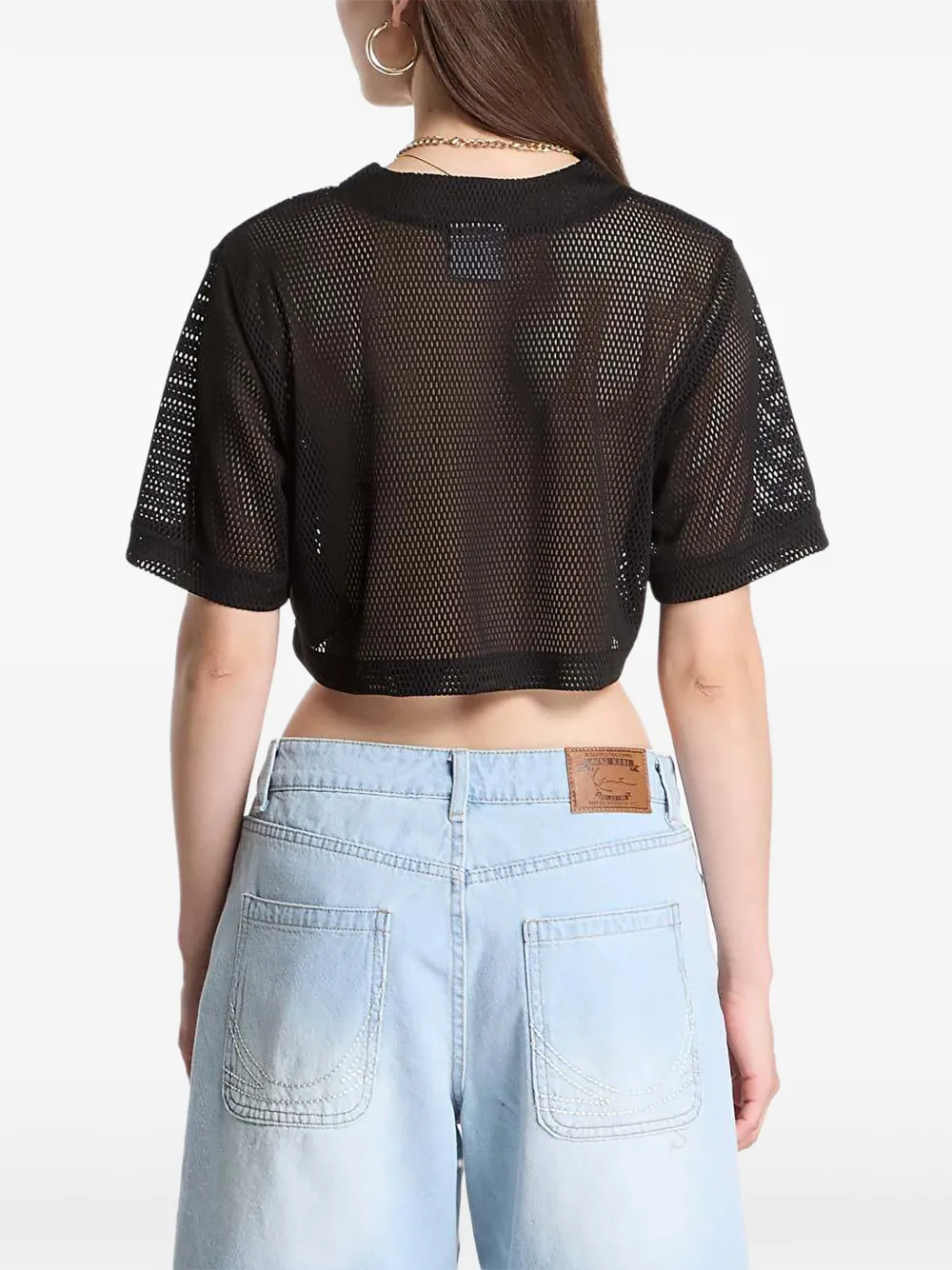 karl kani Mesh cropped blouse met logo-print Zwart