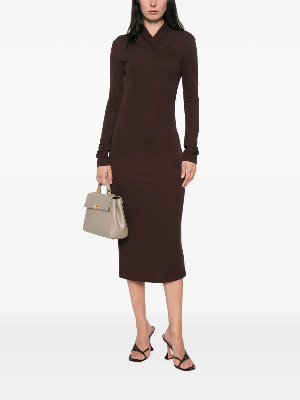 Max Mara Estremo crossover-neck long-sleeve midi dress Bruin