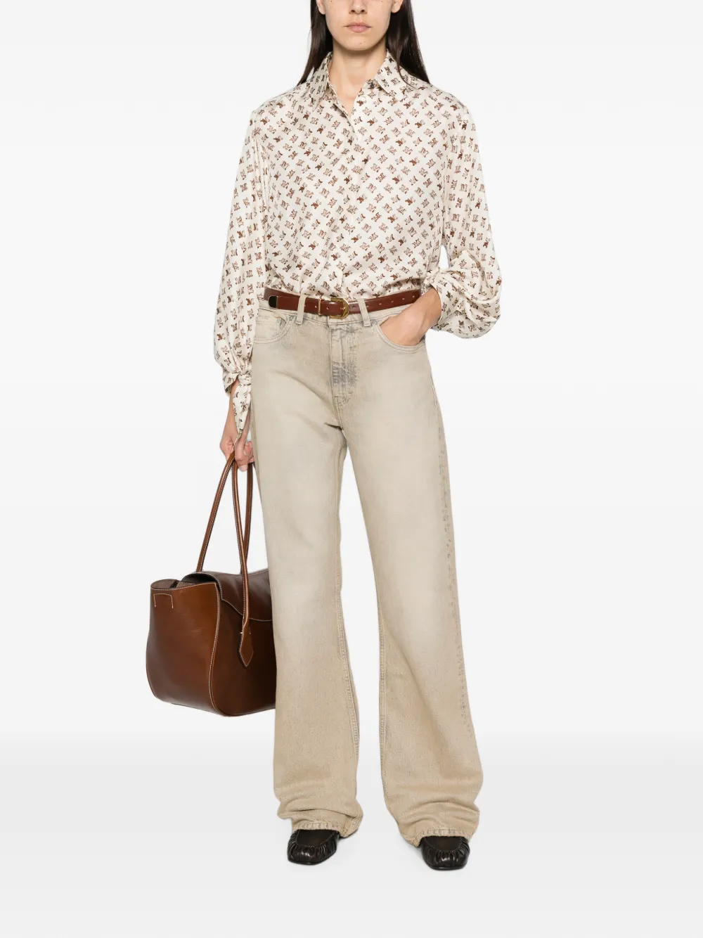 Max Mara Blouse met logo-print en gestrikte mouwen Wit