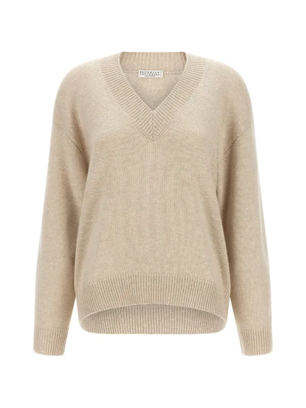 Brunello Cucinelli Vネック スパンコール ニット Brunello Cucinelli スパンコール Vネックセーター | ニュートラル