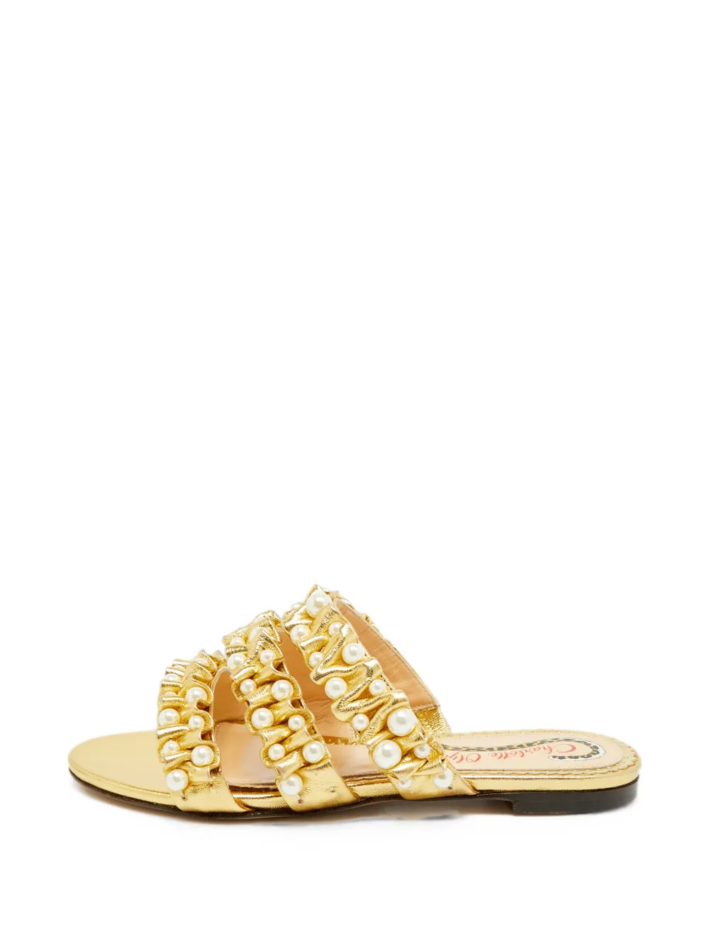 Charlotte Olympia pearl-embellished pleated flat sandals - Oro