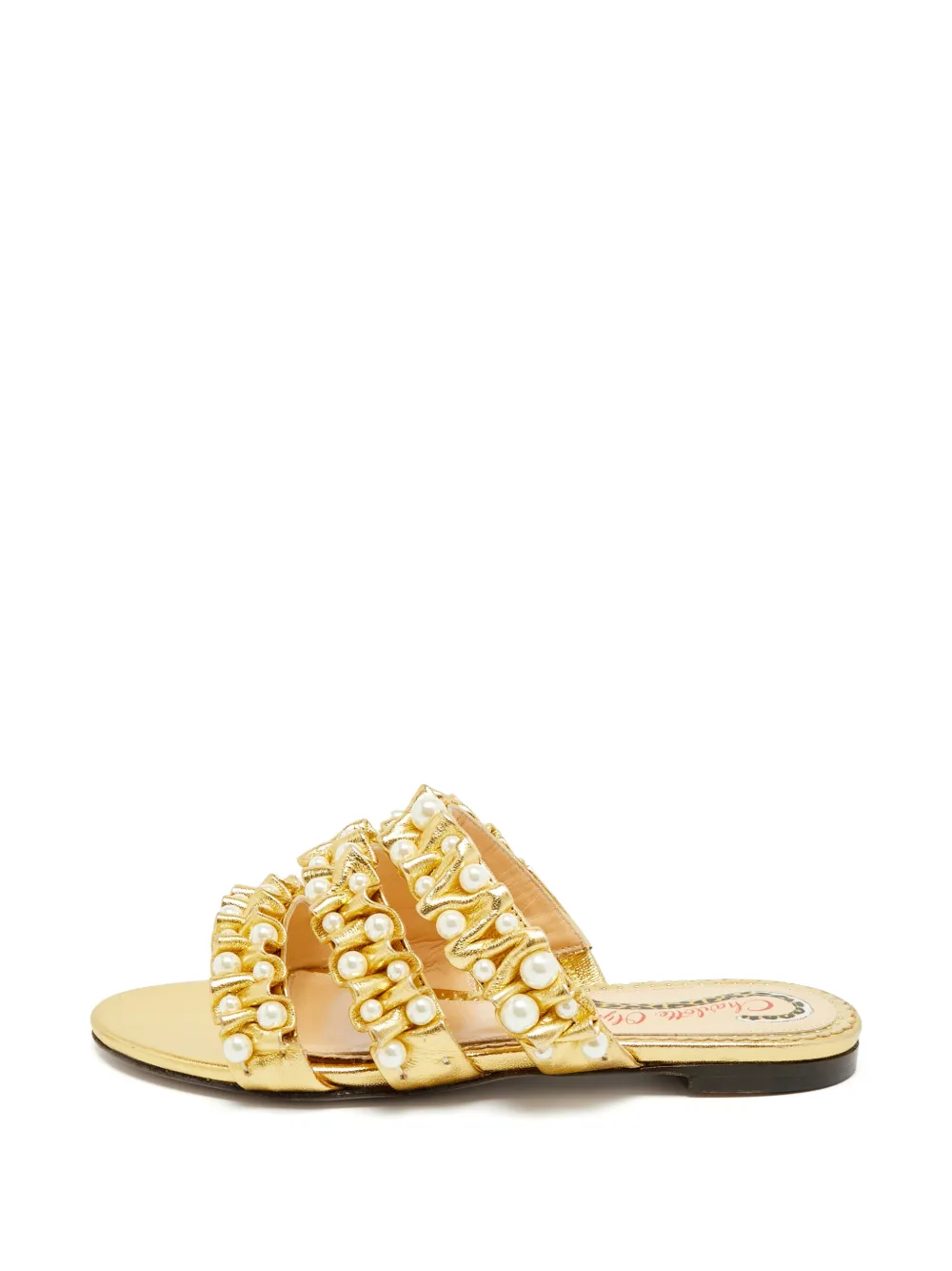 Charlotte Olympia pearl-embellished pleated flat sandals - Oro