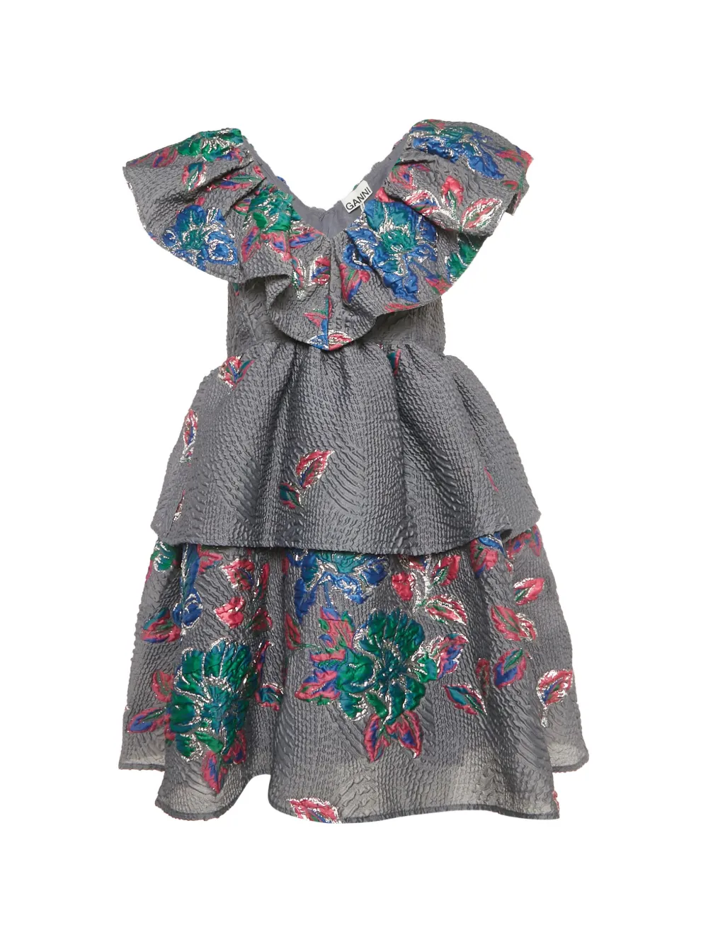 GANNI tiered-jacquard mini dress - Grigio