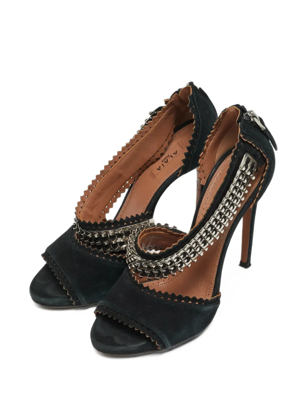 Pre-owned Alaïa Suede Scalloped Heeled Sandals In Black