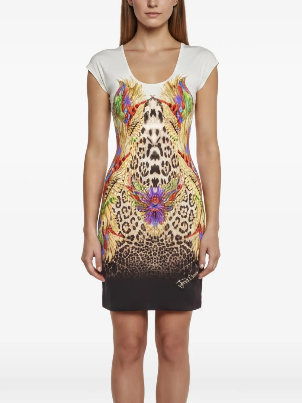Just Cavalli Vintage robe courte à imprimé graphique plume et léopard - Tons neutres Just Cavalli Vintage robe courte à imprimé graphique plume et léopard - Tons neutres