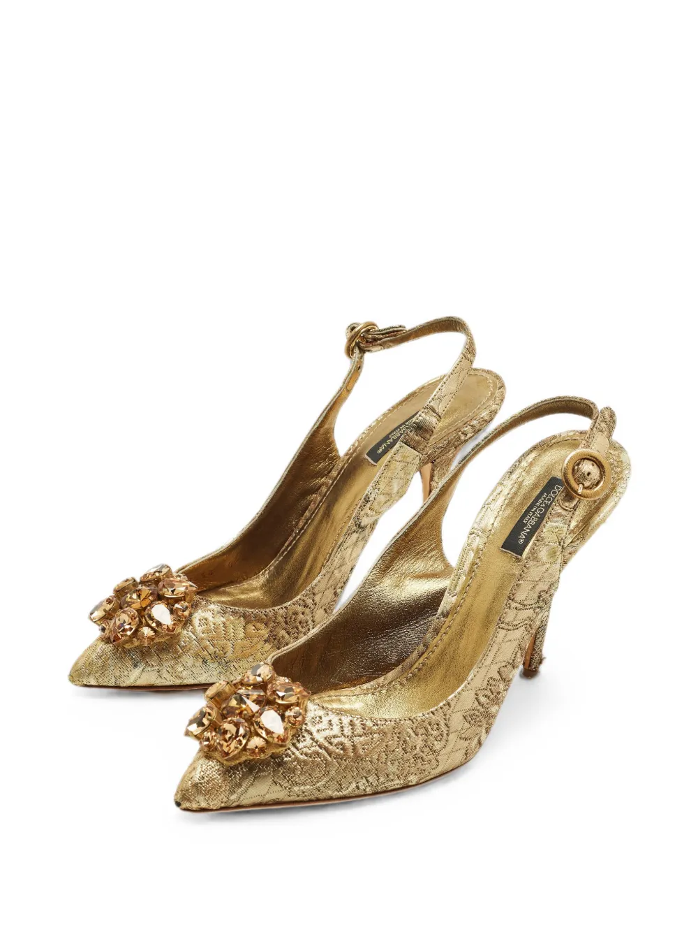  Dolce & Gabbana Pre-owned Dolce & Gabbana Size 40 Gold Brocade Fabric Crystal Embellished Pumps - Or 