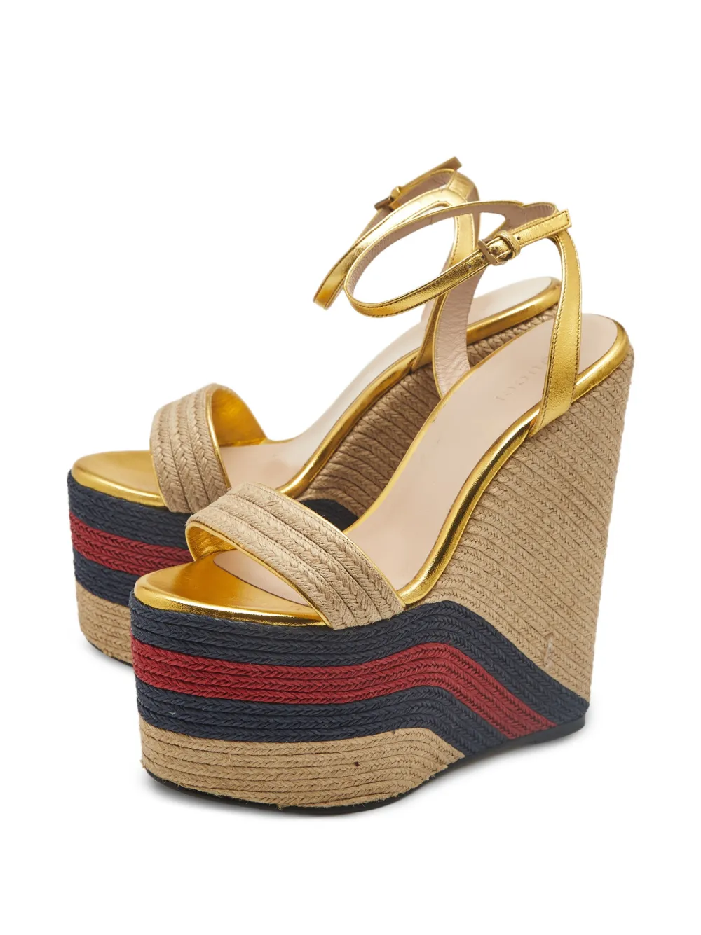 Gucci Pre-Owned Web stripe raffia-wrapped sandals - Gold