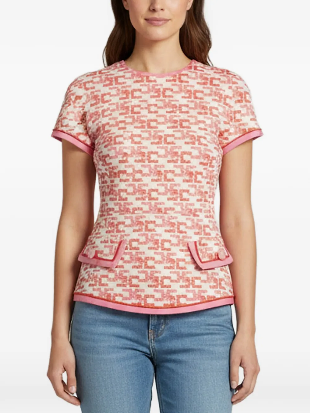 Elisabetta Franchi logo jacquard short-sleeve blouse - Nude