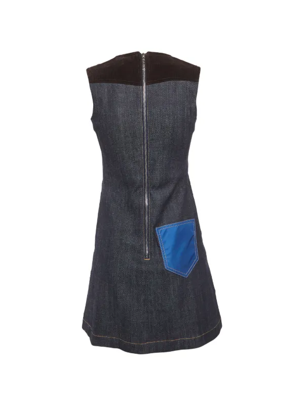 Louis Vuitton Pre-Owned corduroy-trim Denim Dress | Blue