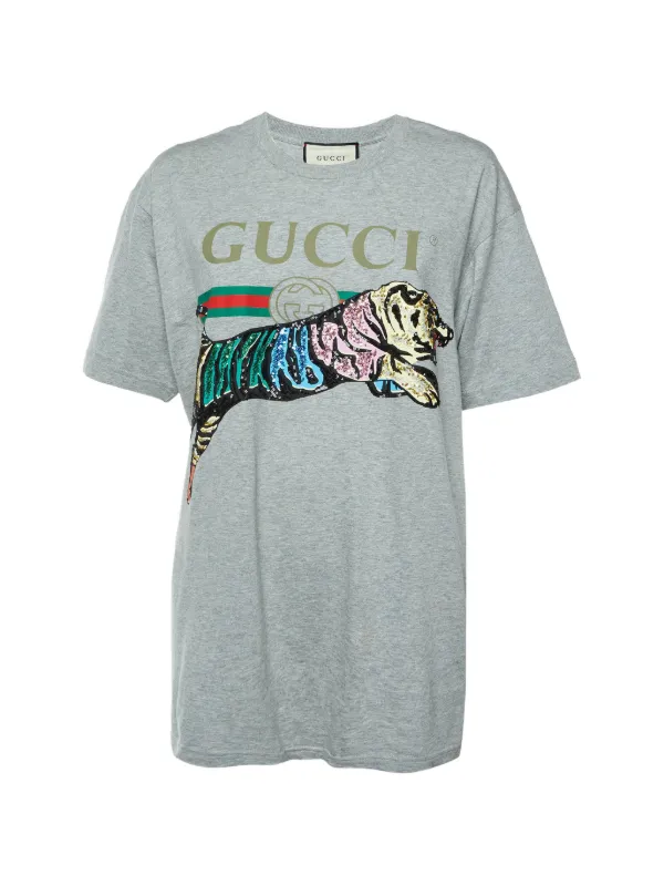 GUCCI レオパード柄 Tシャツ　ラインストーン Gucci Pre-Owned logo-print Embellished Tiger T-shirt | Grey