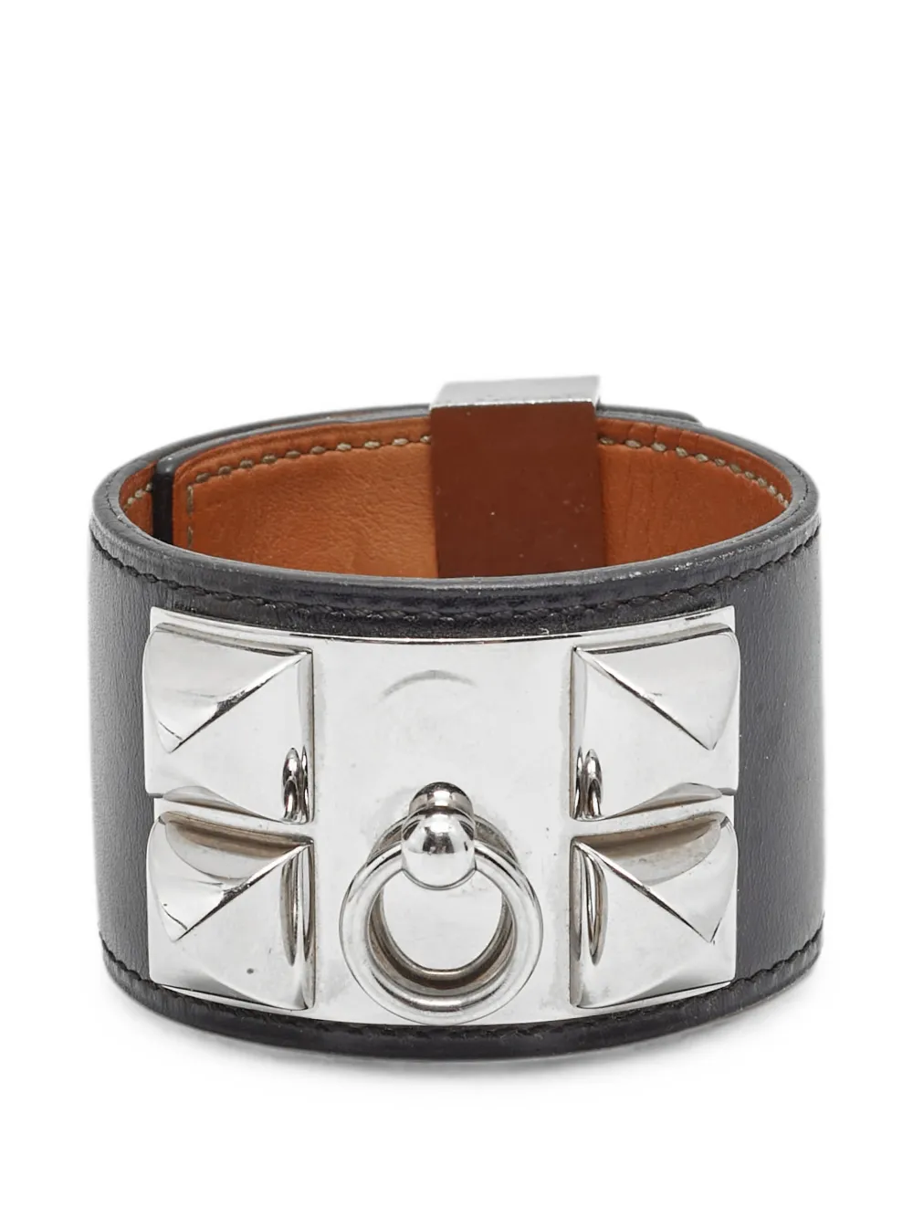 Pre-owned Hermes Collier De Chien Leather Bracelet In Silver