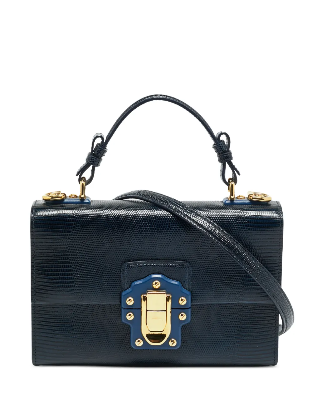 Pre-owned Dolce & Gabbana Small Lucia Lizard-embossed Leather Satchel In Blue