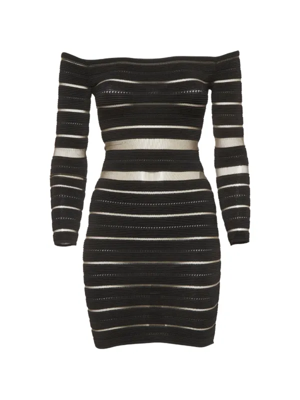 striped off the shoulder bodycon dress Sophus Cream Stripe Off Shoulder Mini Dress - US 2