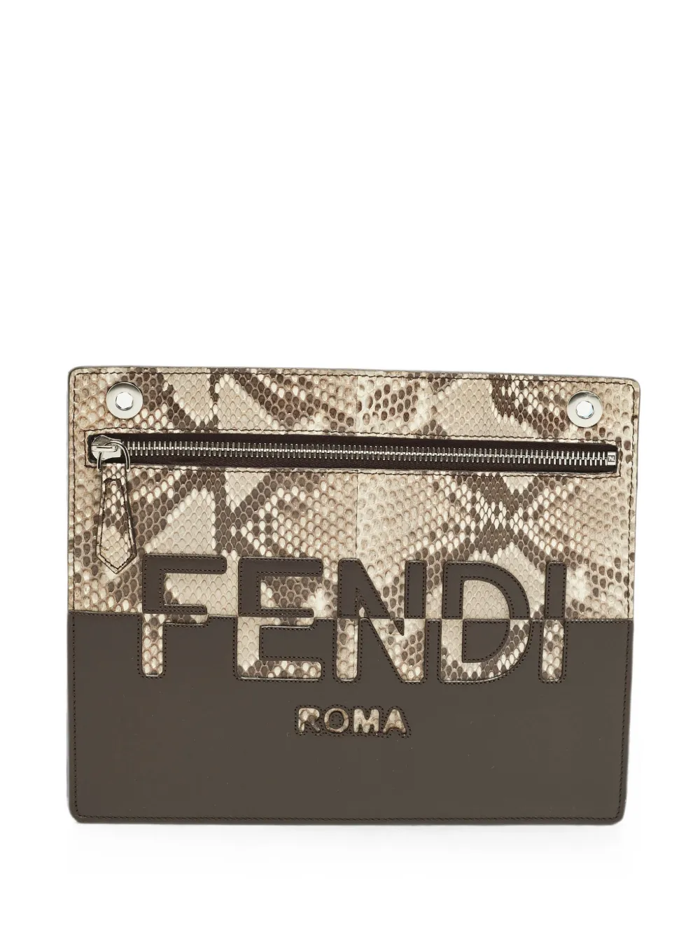 Pre-owned Fendi 2021 Logo Python-effect Clutch Bag In Neutral