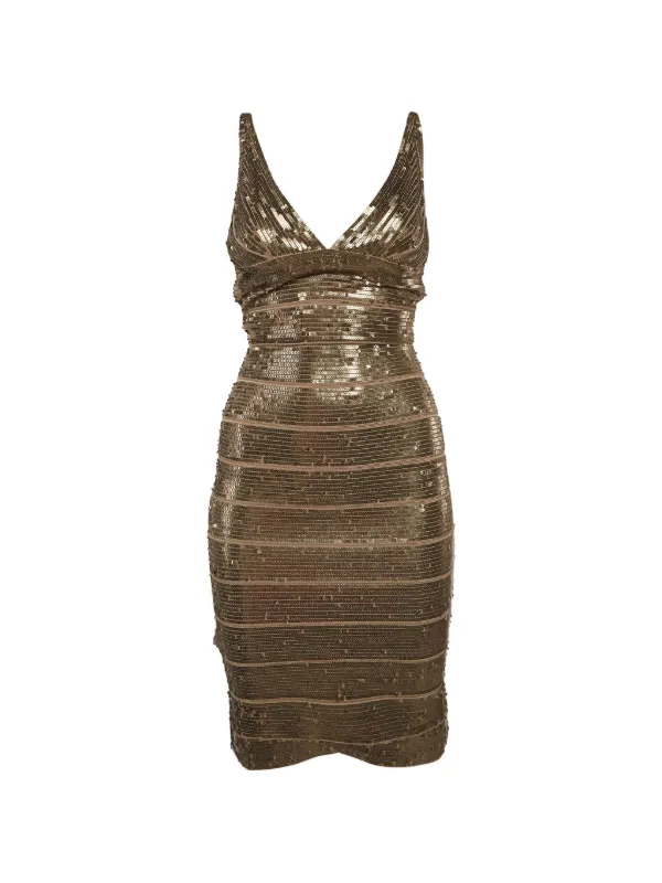 herve leger gold dress THE MIRABEL HERV LGER Back zip with hook Herv Lger, Strappy Mini Dress,