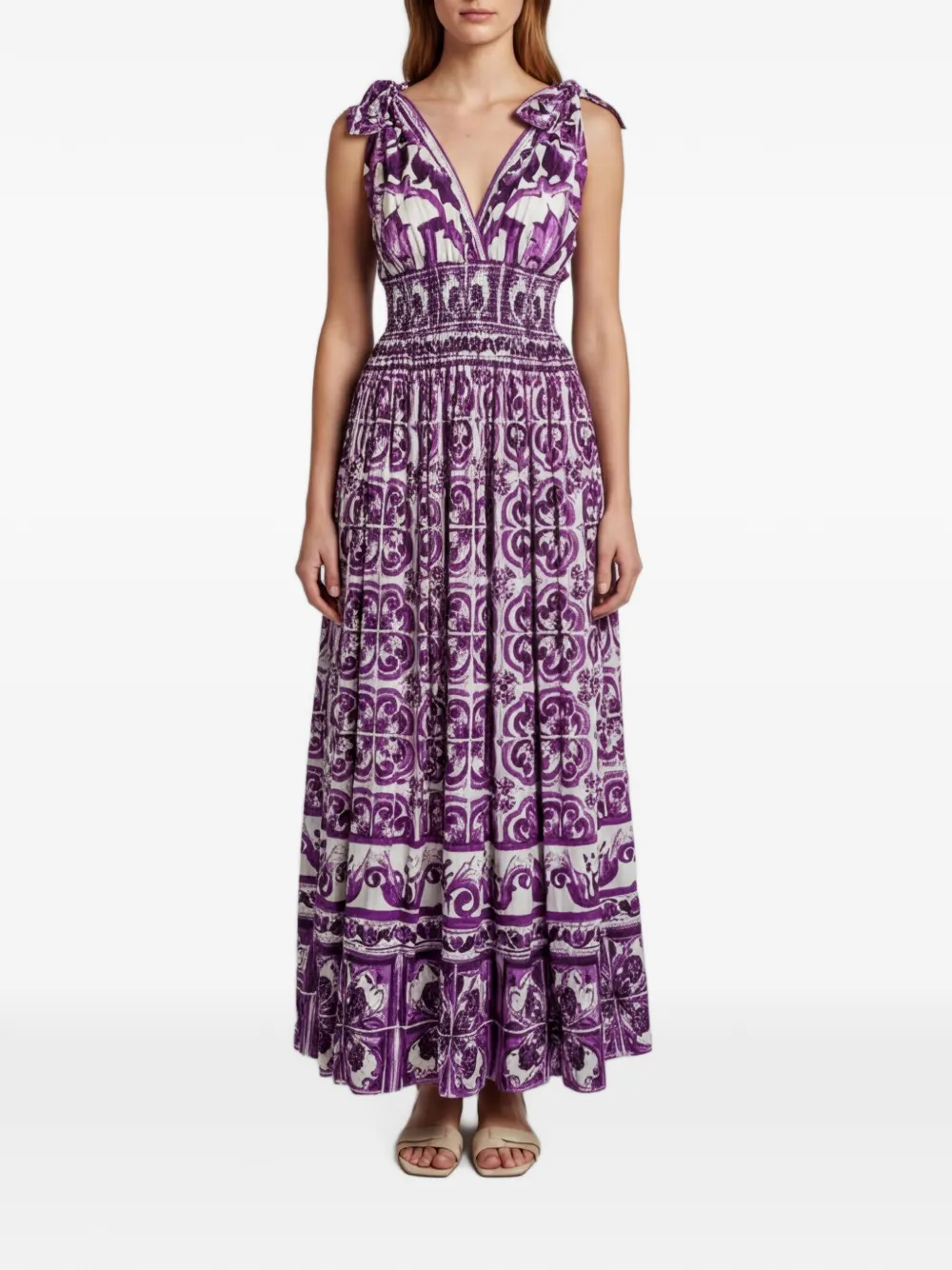 Dolce & Gabbana Pre-Owned robe longue froncée à imprimé Majolica - Violet