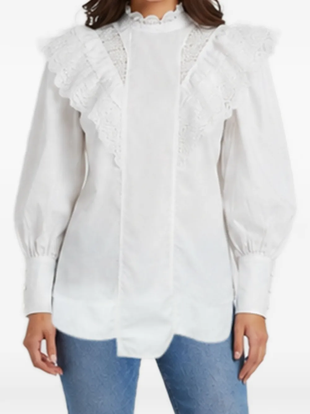 Pre-owned Ganni Lace-trim Ruffled Blouse In White