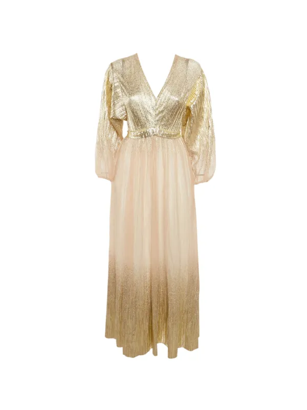 maje gold dress MAJE Ruffino Metallic Tiered-Hem Woven Midi Dress