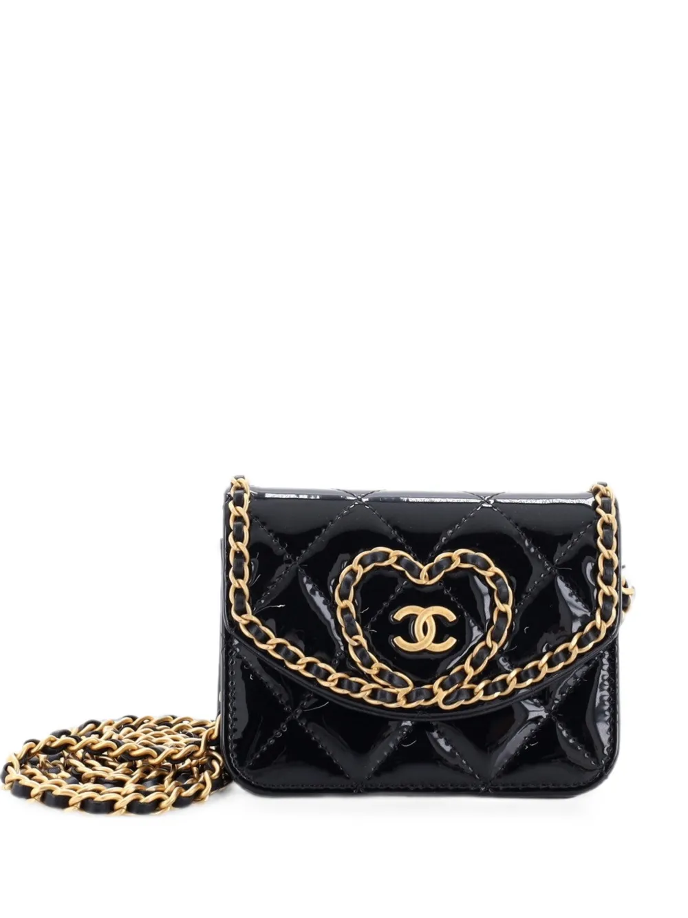 CHANEL Pre-Owned Heart Chain Flap Bag Quilted Patent Mini crossbody bag - Nero