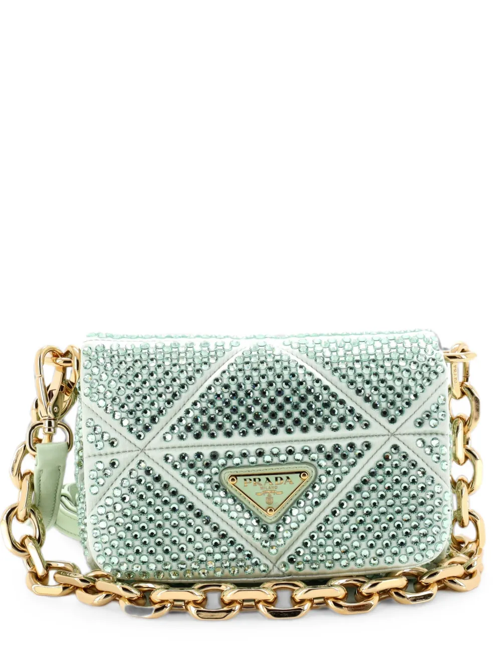 Prada Pre-Owned Triangle Chain Flap Bag Crystal Embellished Quilted Satin shoulder bag - Verde