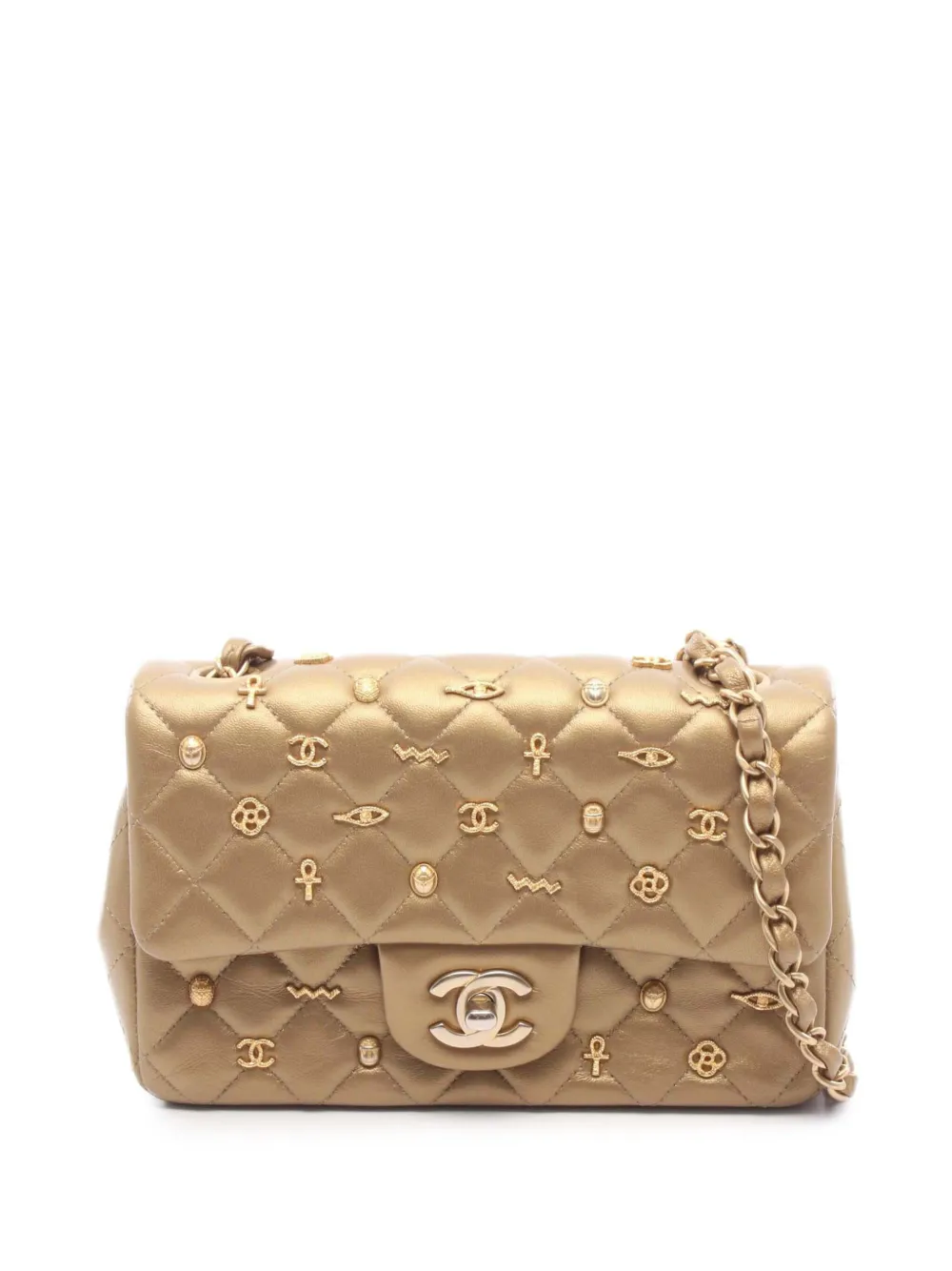 CHANEL Pre-Owned 2019 Mini Rectangular Classic Metallic Lambskin Egyptian Amulet Charms Single Flap crossbody bag - Oro