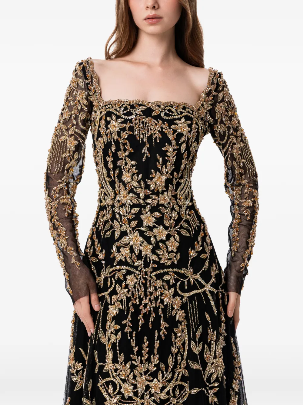 Dina Melwani Embellished Tulle Maxi Dress In Black