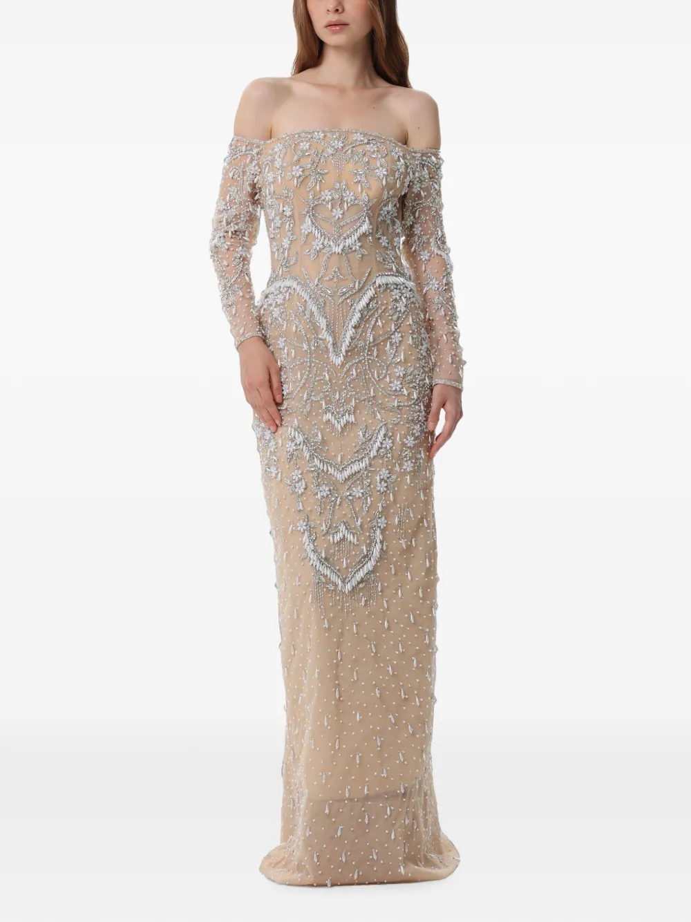 Dina Melwani crystal-embellished off-shoulder maxi dress - Toni neutri
